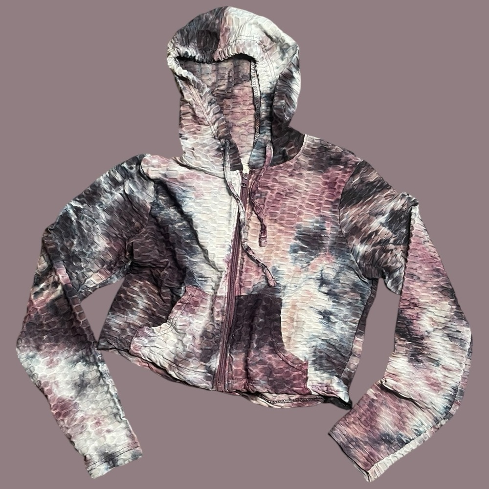 NO COMMENT NY/LA Hooded Cropped Zip-Front Sweatshirt Tie-Dye Sz L Girls
